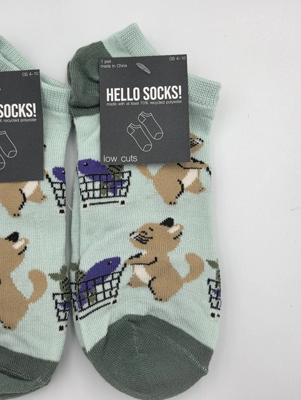 Hello Socks Womens Light Green Low-Cut Socks with Cat Shopping Cart 3 Pair Nwt